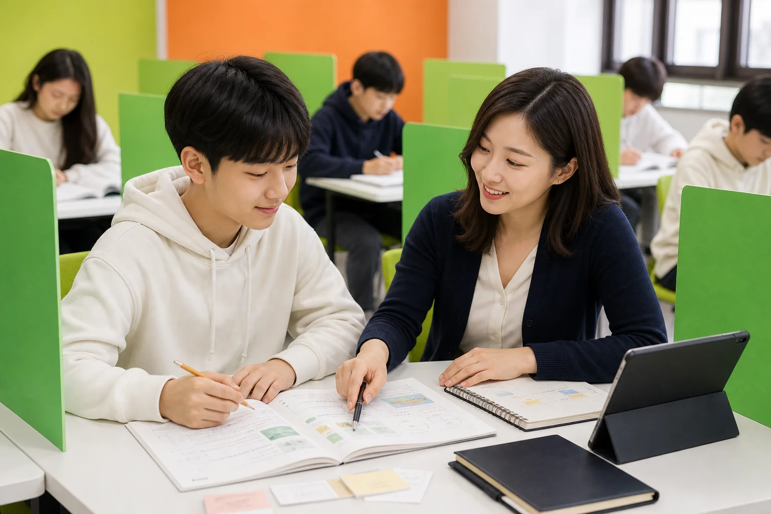 소수정예학원 학습 상담과 플래너 점검 장면
