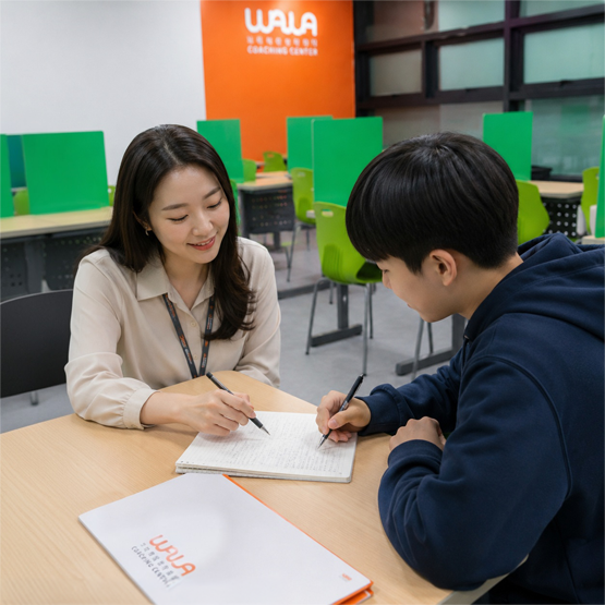 와와 공식 소개 자료의 학생과 지도자 플래너 점검 모습